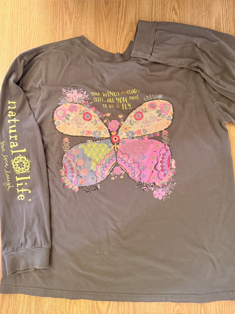 NATURAL LIFE Gray Long-Sleeve Tee- XL- Butterfly with Metallc Gold